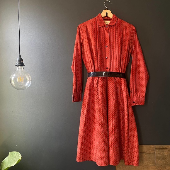 Vintage Dresses & Skirts - Vintage 1950's Mr. Mort Lord & Taylor Quilted Red Secretary Belted Midi Dress